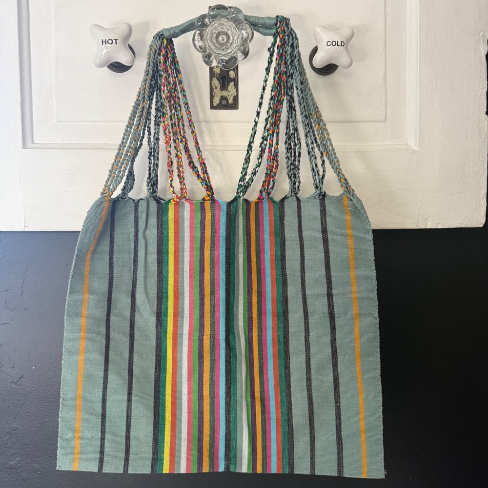 Mexico Enamorado Market Tote Bag Womens Large Green Multi New Woven Boho Stripe